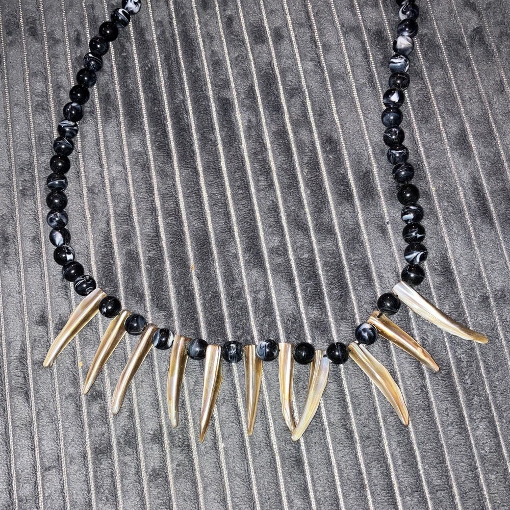 3/$15 Black and Gray Faux Marble Beaded Necklace with Iridescent Shell Spikes